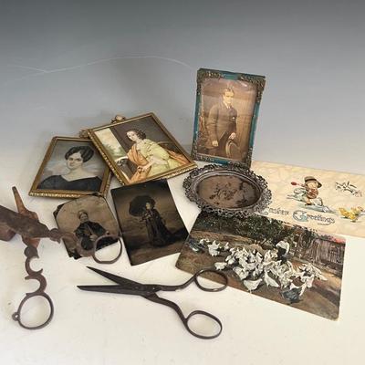 Antique Collectibles (10) with Framed Photographs, Postcards, Sterling Tray and Snuffer + Scissors 