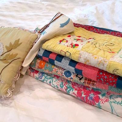 Vintage Hand Pieced Doll Quilts With Floral Tablecloth And Hand Stitched Pillow 