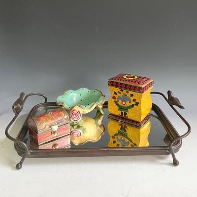 Iron and Mirror Dressing Tray with Vintage Boxes and Paper Mache Bowl 