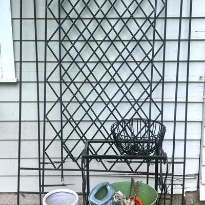 Wrought Iron Garden Decor With 2 Large Trellises, Pots, Table & More