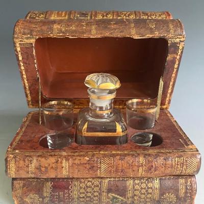 French Leather Book Tantalus Liquor Caddy with Crystal Decanter and Shot Glasses