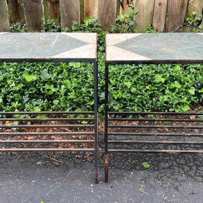 Pair Of Outdoor Garden/Potting Tables, Wrought Iron With Tile Tops