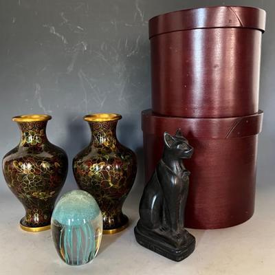 Collectibles with Paperweight, Cloisonné and Egyptian Cat