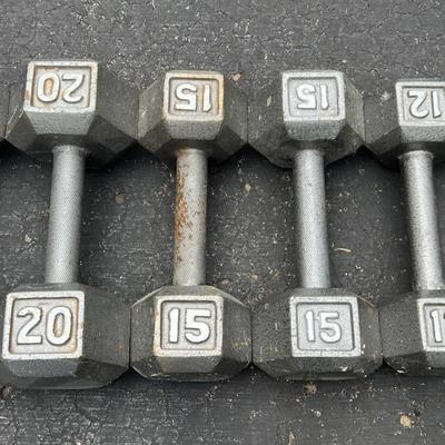 Set Of 6 Cast Metal Hex Dumbbells, Free Weights, 94 Pounds Total