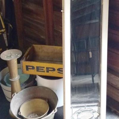 Vintage Leaded Glass Mirror, Brass Buckets, Signed Brass Candlestick And Pepsi Crate