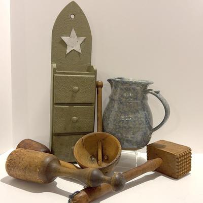 Primitive Style Wall Cabinet With Wooden Utensils And Pitcher