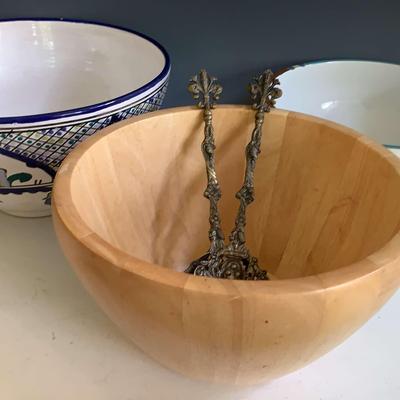 Three Salad Bowls, Dansk And Tunisia With Decorative Brass Serving Pieces