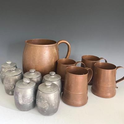 Vintage Metalware with Copper Pitcher, Copper Clad Steins and Aluminum Spice Set