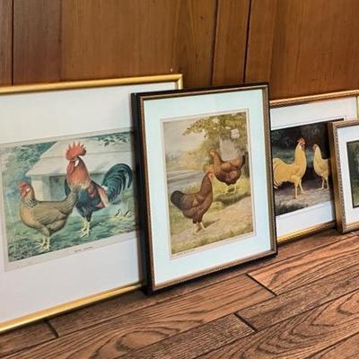 Antique Framed Chromolithographic Chicken Prints (4)