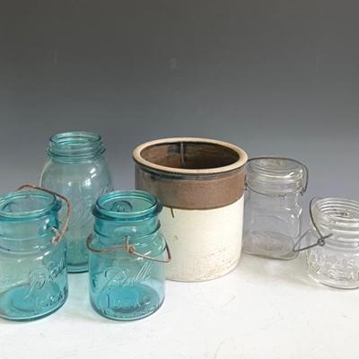 Vintage Canning Jars (5) and Stoneware Crock