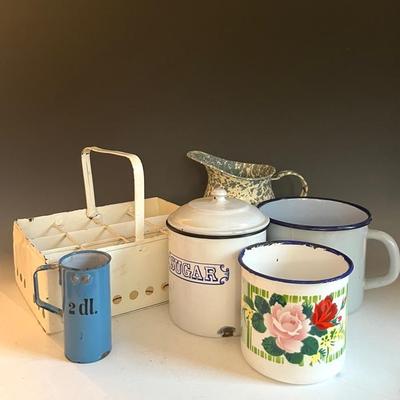 Graniteware (5) and Metal Caddy, Antique