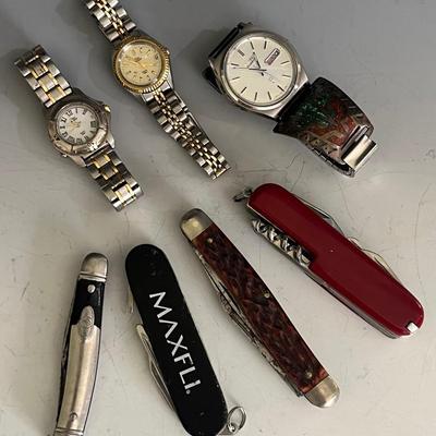 Pocket Knives (4) and Watches (3) with One with Native American Sterling Inlaid Band 