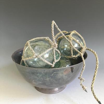 Reed & Barton Silverplate Bowl with Five Japanese Glass Fishing Floats