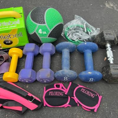 Assorted Fitness Items With Exercise Bands, Weights, Kettlebell, Etc
