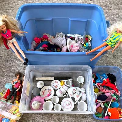 Bin Of Barbie Accessories, Barbie Tea Set, Betty Spaghetty And Family Corners Dolls By Mattel