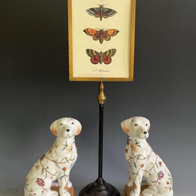 Elizabeth Marshall Porcelain Dogs and Butterfly/Moth Prints on Iron Stand
