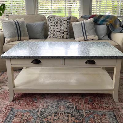 Farmhouse Style Zinc Top Painted Wood Coffee Table 
