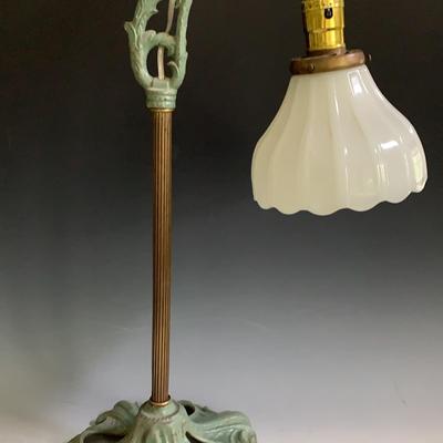 Antique Cast Iron, Brass and Milk Glass Table Lamp