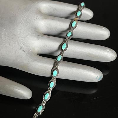 925 Sterling Silver Turquoise Marcasite Link Bracelet 