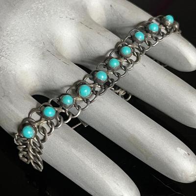Mexican Sterling Silver Turquoise Link Bracelet 
