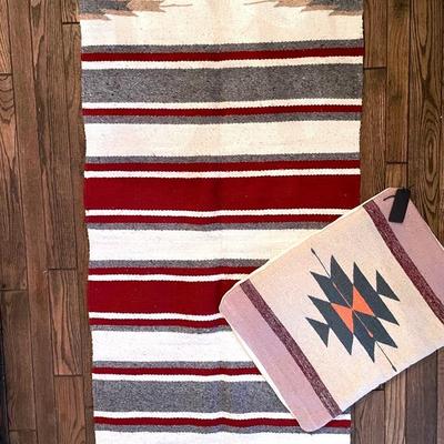Vintage Handwoven Navajo Saddle Blanket Or Rug With Wilder Handwoven Pillow Cover  