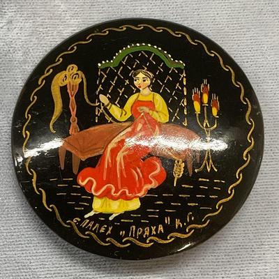 Russian Folk Art Lacquered Wood Brooch
