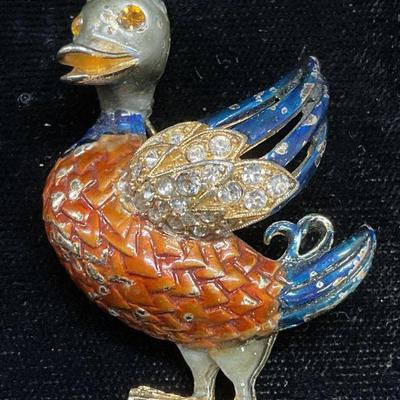 Vintage Gold Tn Enamel Crystal Duck Brooch
