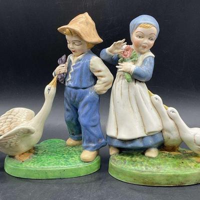 Pr HOLLAND MOLD Ceramic Children W Geese Figures
