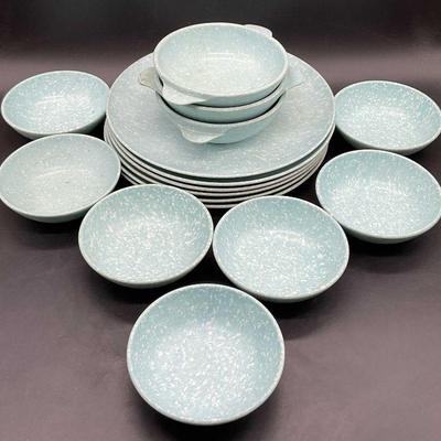 Set 16 Vintage Speckled Blue Melamine Dinnerware
