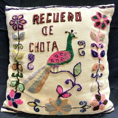 Mexican Embroidered Crewelwork Pillow W Peacock
