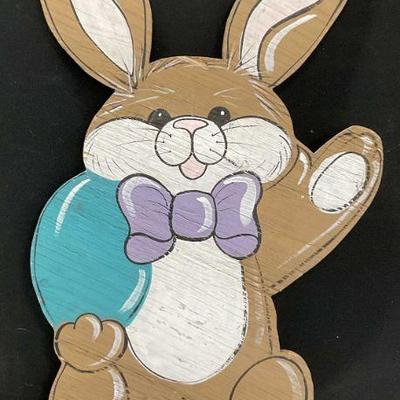 Hand Painted Brown Wooden Waving Rabbit Sign 32in
