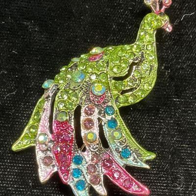 Vintage Enamel Crystal Peacock Brooch

