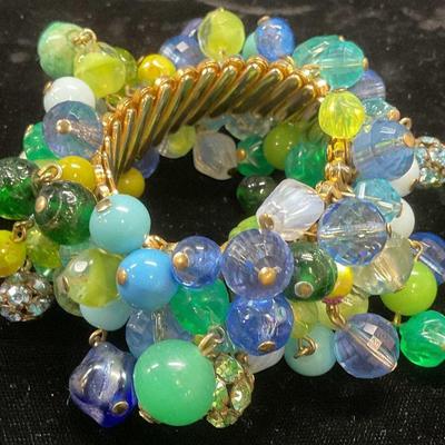 Gold Tn Green & Blue Crystal Beaded Bracelet
