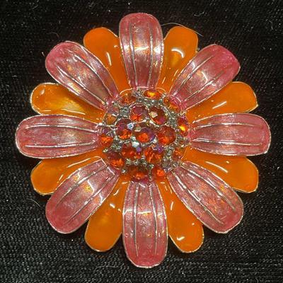Silver Tn Pink Enamel Crystal Flower Brooch
