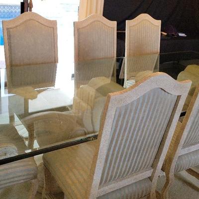 LARGE GLASS DINING ROOM TABLE WITH 8 CHAIRS