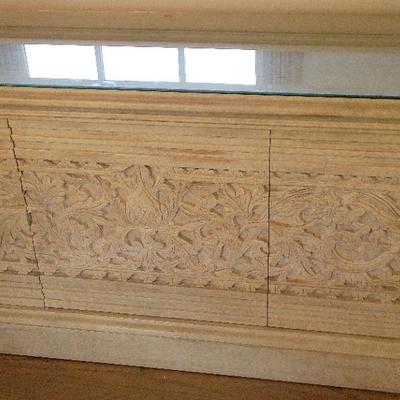 CREAM COLORED AND CARVED BUFFET WITH LOTS OF STORAGE