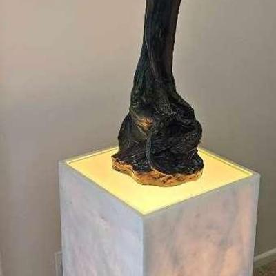 GLAMOROUS GIRL METAL STATUE ON A LIGHTED MARBLE PEDESTAL