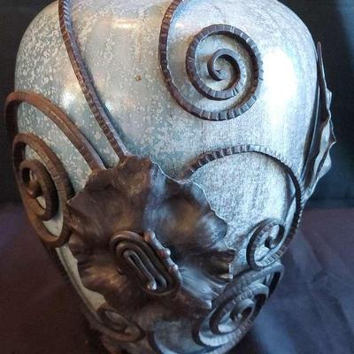 GORGEOUS BELGIUM POTTERY VASE WITH WROUGHT IRON MOUNT