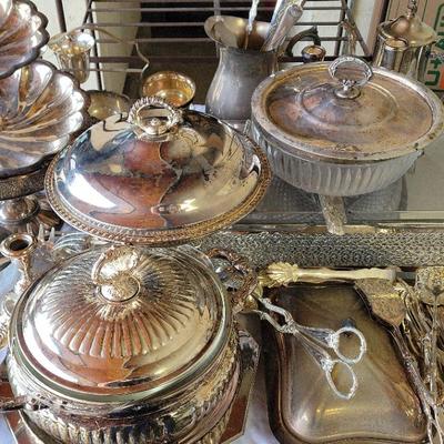 GIANT SILVER PLATED LOT WITH 6 STERLING SILVER MINI STEINS