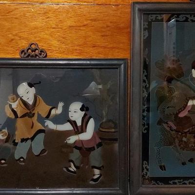 TWO ASIAN-INSPIRED ART PIECES IN WOOD FRAMES
