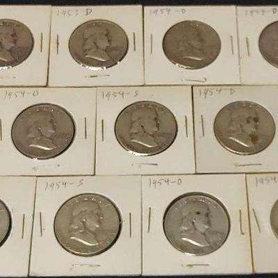 THIRTEEN SILVER HALF DOLLARS 1953-1954