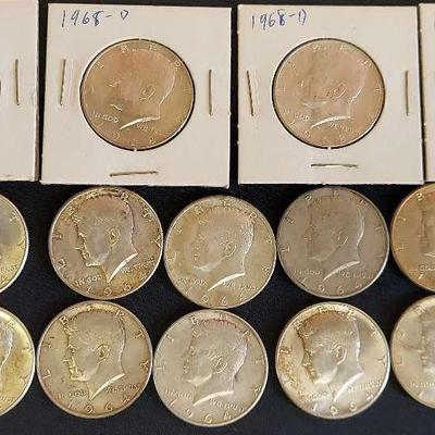 1964 JOHN F KENNEDY SILVER HALF DOLLARS & 1968-1969 D KENNEDY HALF DOLLARS