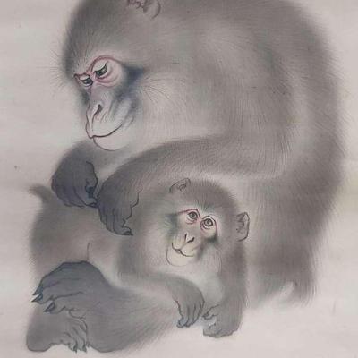 JAPANESE MACAQUES WALL HANGING SCROLL PAINTING