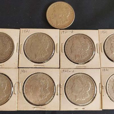NINE 1921 MORGAN SILVER DOLLAR COINS