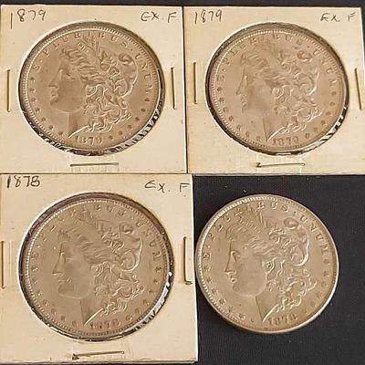 FOUR MORGAN SILVER DOLLARS 1878-1879