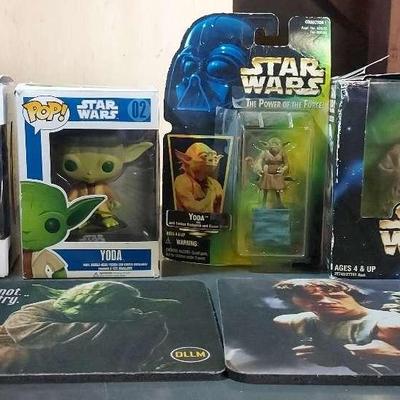 STAR WARS FUNKO POPS, YODA ACTION FIGURES, AND MOUSE PADS
