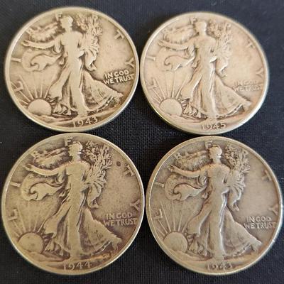FOUR WORLD WAR II ERA SILVER HALF DOLLARS