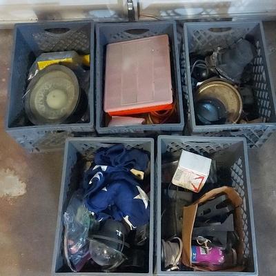 MYSTERY BINS FILLED WITH COMPASS PARTS, TOOLS, AND MORE