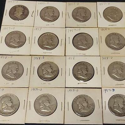 SIXTEEN SILVER HALF DOLLARS 1957-1959