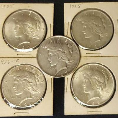 FIVE SILVER PEACE DOLLAR COINS 1923-1926